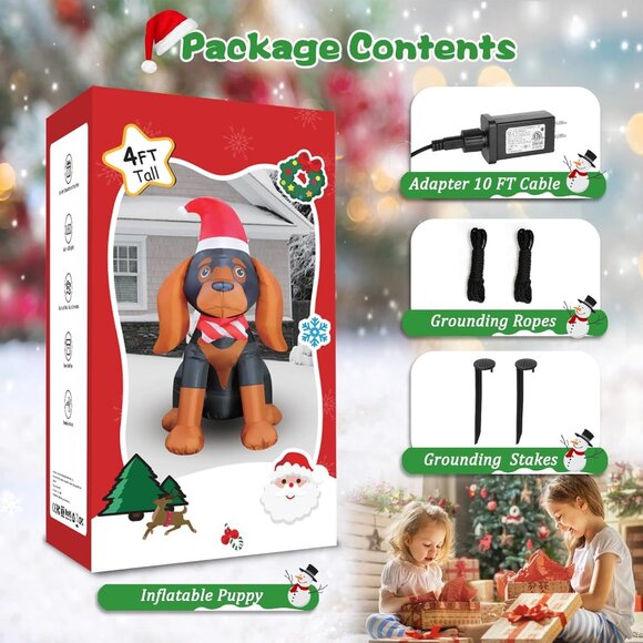 ⚡4FT Christmas Inflatables Puppy Yard Dog with Santa Hat Outdoor Decorations - Picture 5 of 6